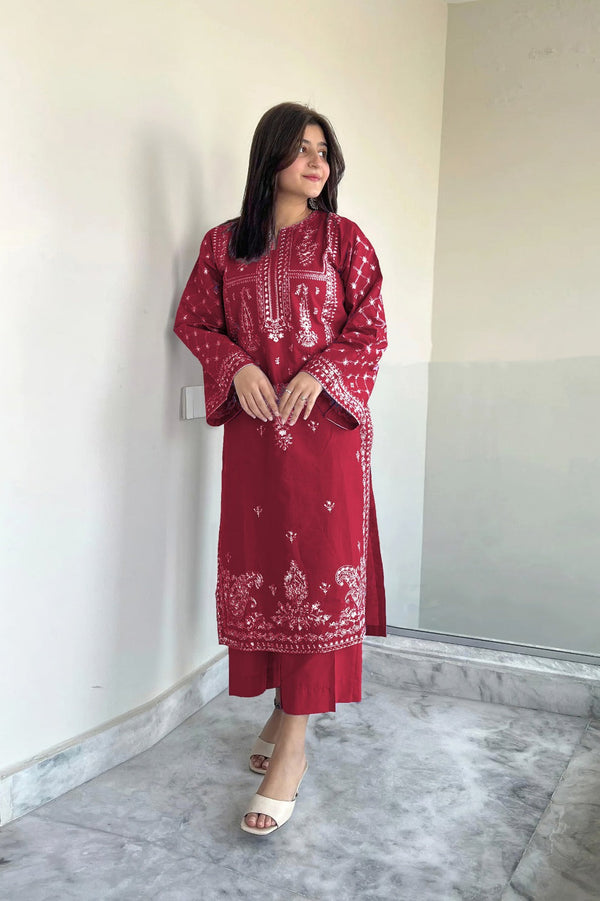 UMZ - MAROON - 2PC DHANAK EMBROIDERED UNSTITCH