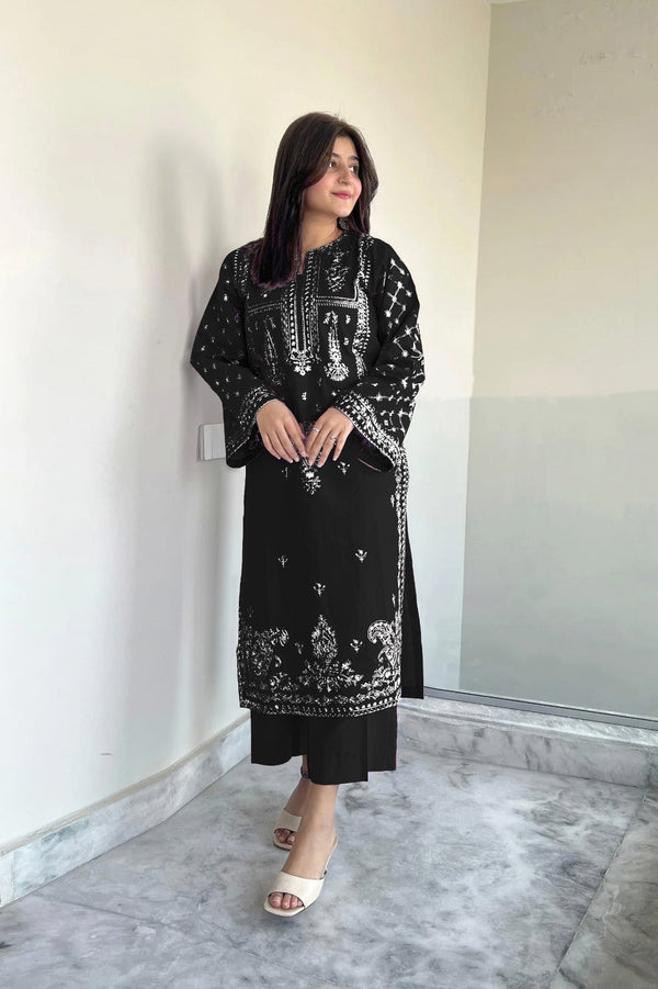 UMZ - BLACK - 2PC DHANAK EMBROIDERED UNSTITCH