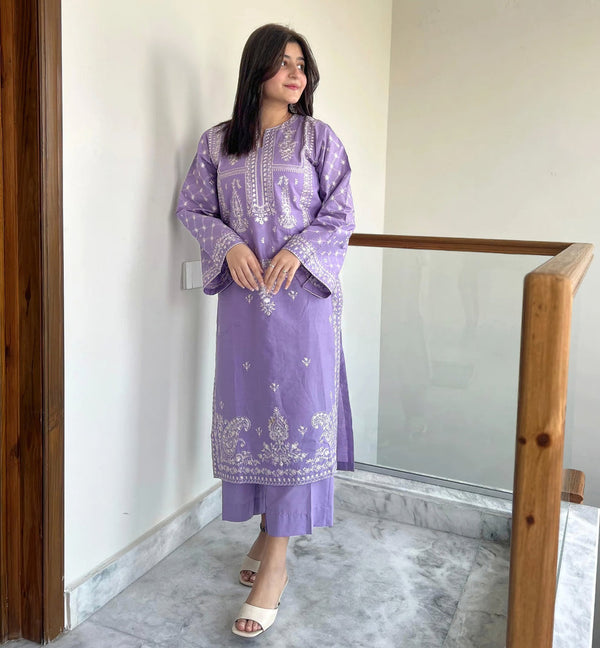UMZ - PURPLE - 2PC DHANAK EMBROIDERED UNSTITCH